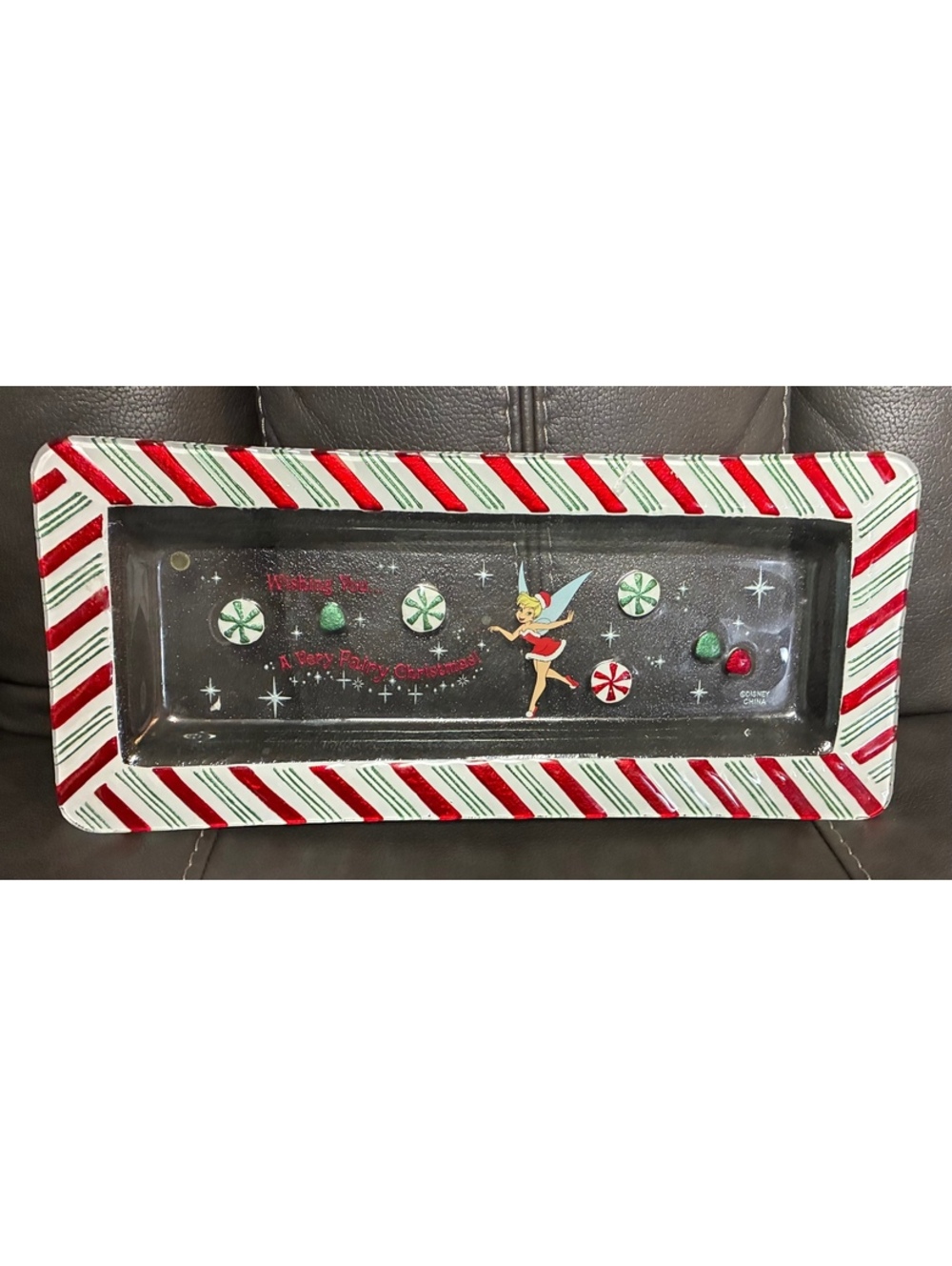 Disney Tinker Bell "A Very Fairy Christmas" Glass Tray Candy Dish Decor 12"